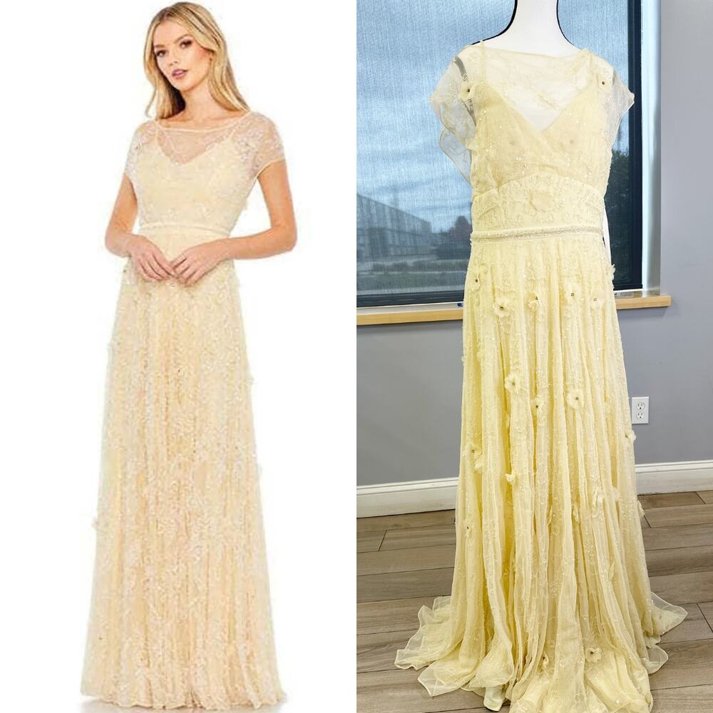 Mac Duggal 93685 Floral embellished illusion cap sleeve gown. Buttercup